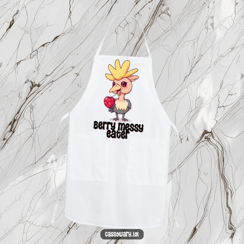 Funny cassowary apron, a kitchen essential featuring a delighted cassowary bird eating a berry, adding a touch of humor to cooking.