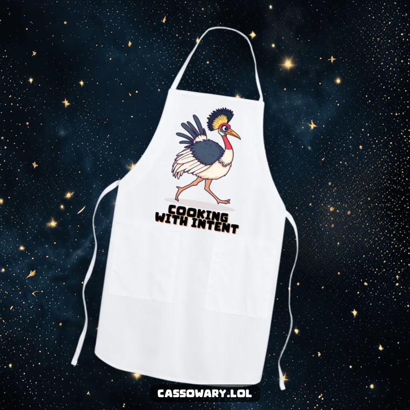 Funny Cassowary Apron showing a determined bird marching forward, ideal for focused cooking sessions.