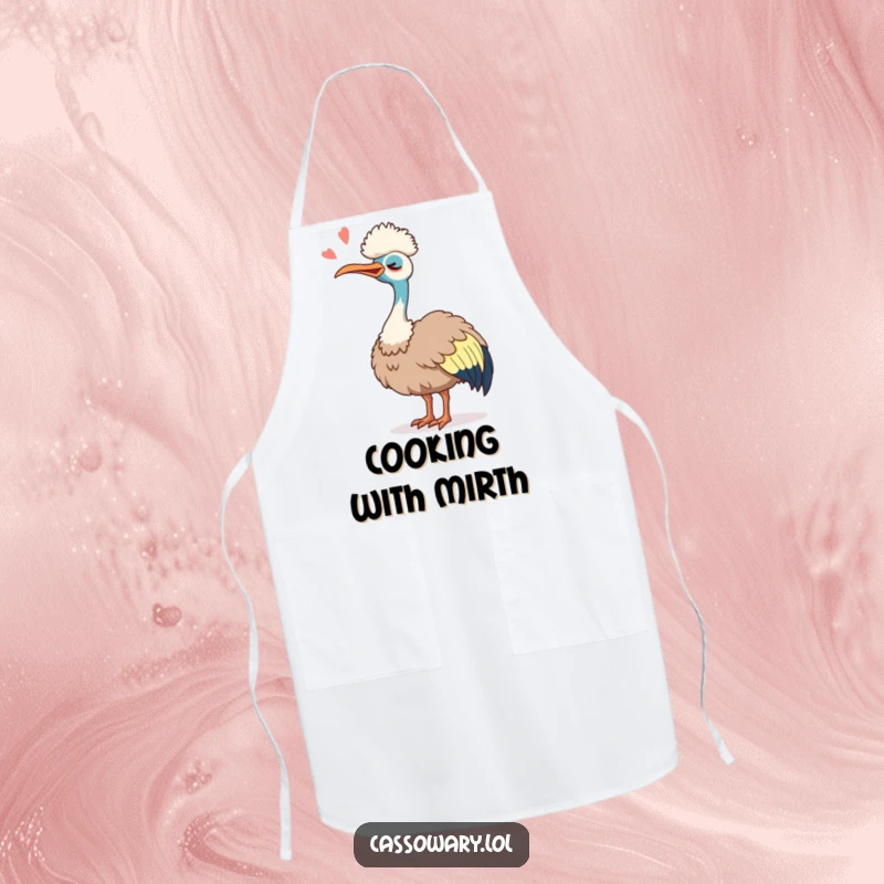 Funny Cassowary Laugh Apron: A humorous apron featuring a cassowary tipping its head back, laughing silently while cooking.