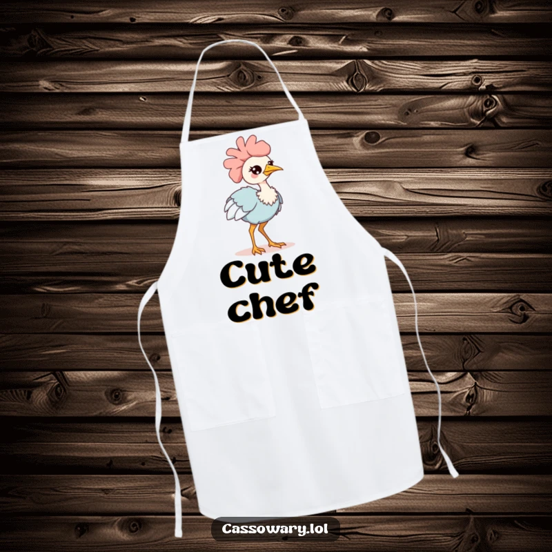 Funny kawaii cassowary apron, a kitchen essential featuring an adorable bird winking and strutting confidently, bringing charm to cooking.