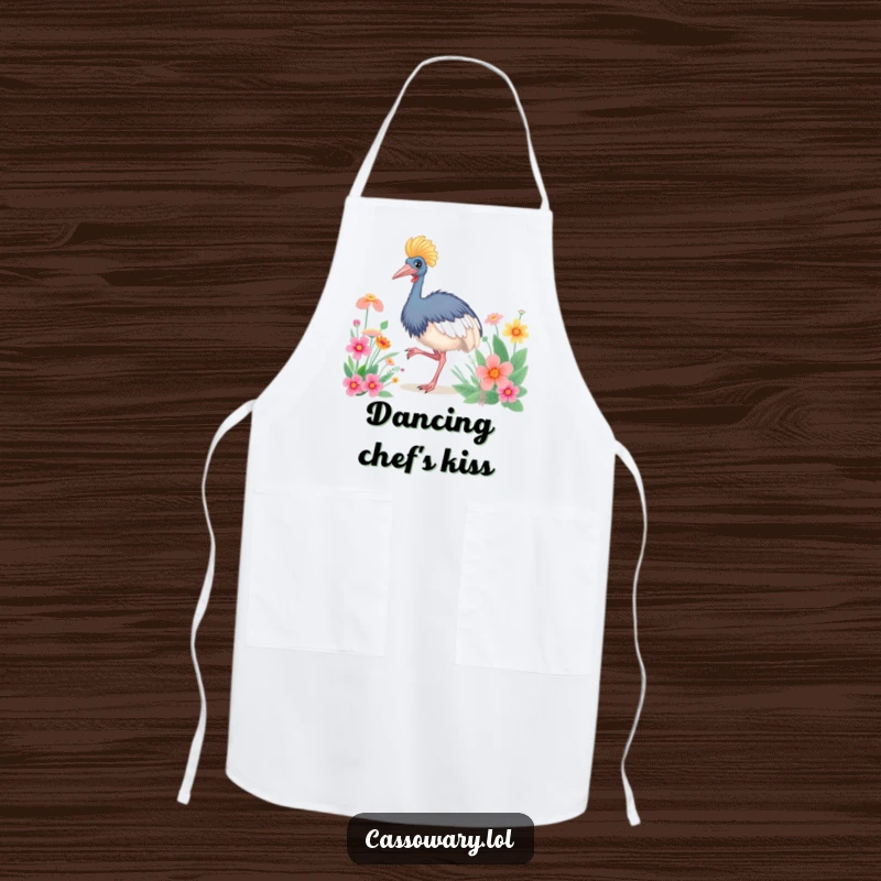 Funny Cassowary Happy Dance Apron: A dancing cassowary near flowers, great for the kitchen. Funny gift.
