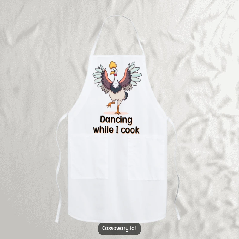 Funny cassowary apron featuring a happy bird dancing with outstretched wings, ideal for kitchen fun and adding a humorous, energetic touch.