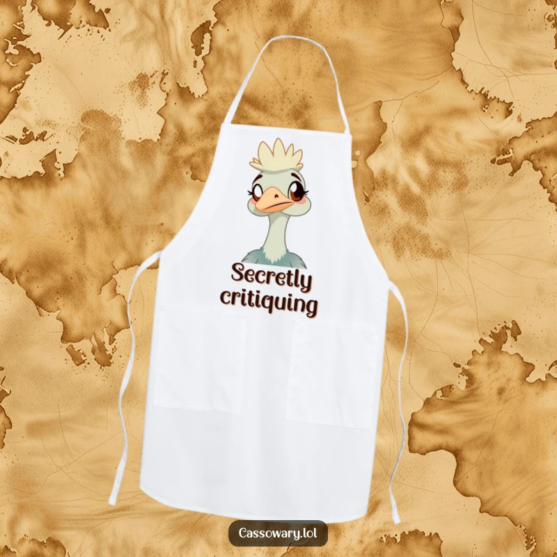 Funny cassowary apron featuring an amused bird, ideal for chefs and home cooks who enjoy a humorous touch in the kitchen.