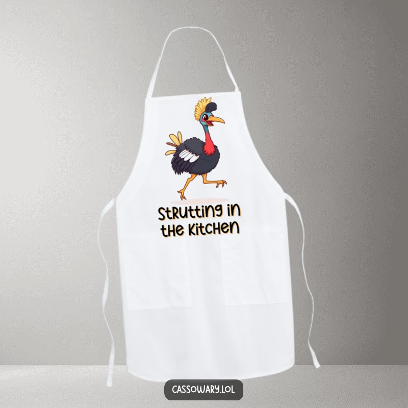 Funny Cassowary Apron: A brightly-beaked bird happily strutting with a comical, joyful gait while cooking.