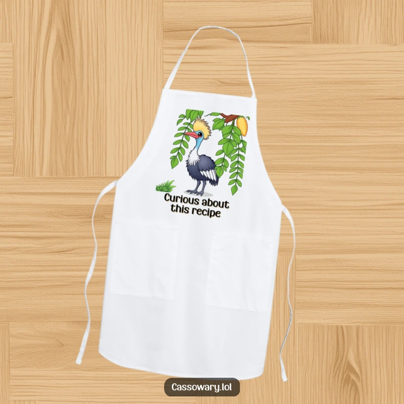 Funny cassowary apron with a curious bird tilting its head at a vine, ideal for chefs and bakers seeking humor.