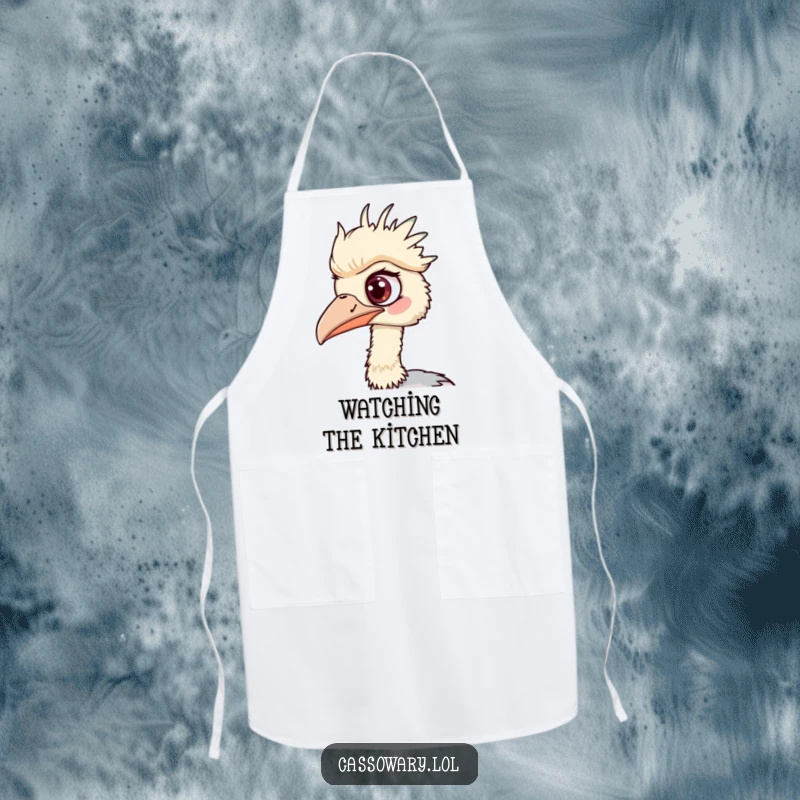 Funny Cassowary Apron: A humorous apron showing a cassowary with one eye wide, spotting ingredients or culinary triumphs.