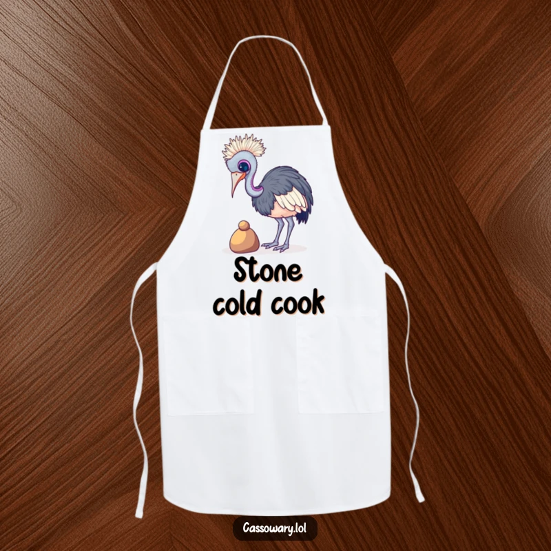 Funny Cassowary Pebble Balance Apron: A cassowary balancing a small pebble, great for the kitchen. Funny gift.