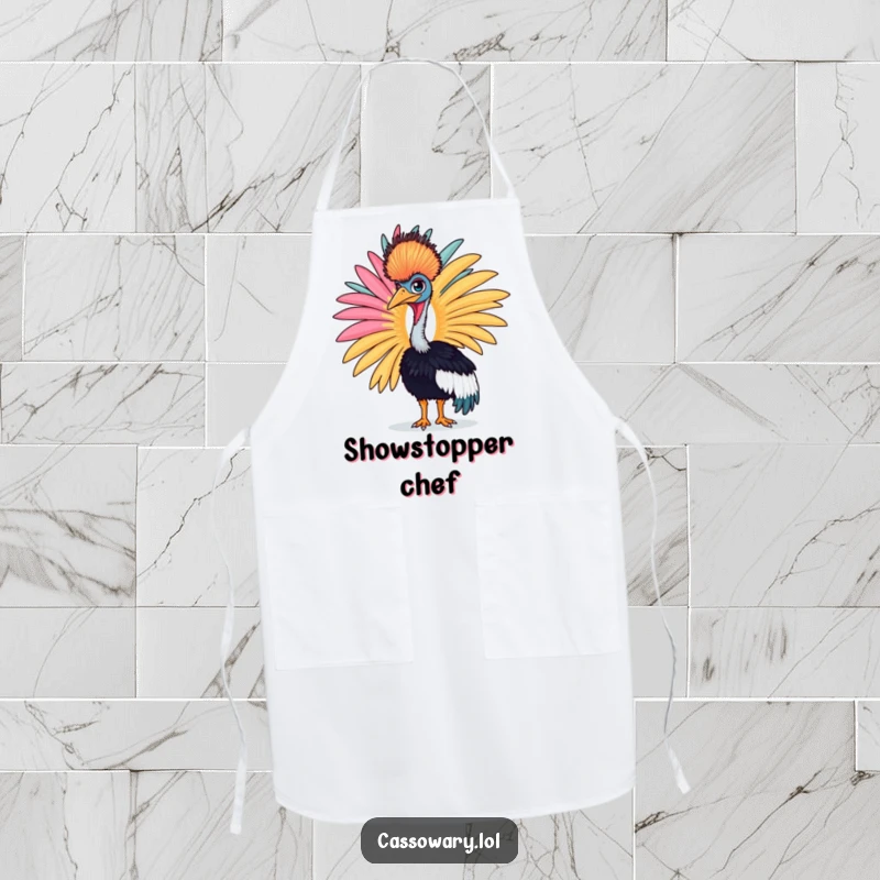 Funny cassowary apron with a proud bird displaying a large, colorful feather, a chef's stylish protection.