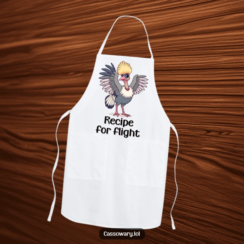 Funny cassowary apron showing a bird with wings ready for flight, perfect for the dreamer in the kitchen.