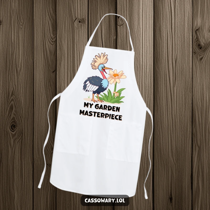 Funny cassowary bird looking with enthusiasm at a giant flower on a humorous kitchen apron.