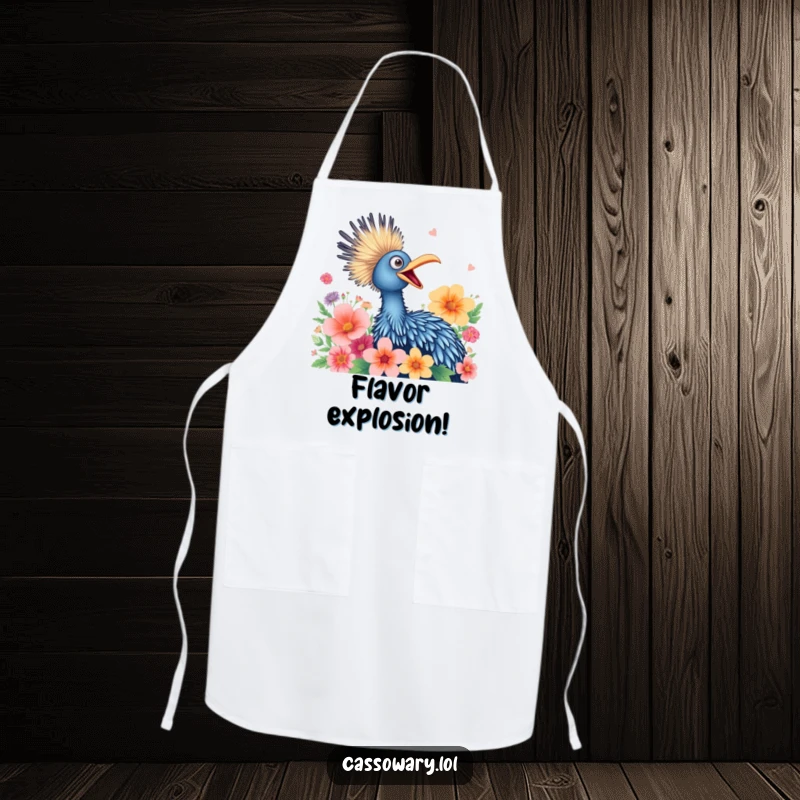 Funny apron featuring a cassowary joyfully squawking amidst vibrant flowers, ideal for adding cheer to cooking.