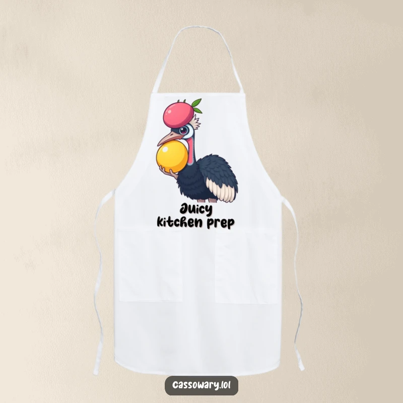 Funny Cassowary apron showing a cassowary balancing a large fruit on its head, perfect for adding humor to kitchen activities.