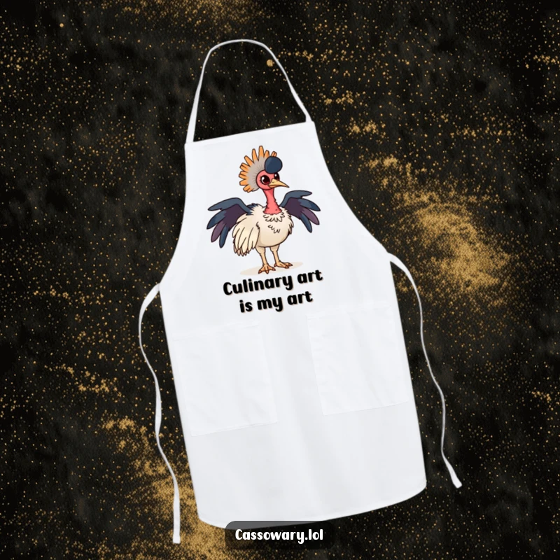 Funny cassowary apron featuring a proud bird with vibrant, colorful neck feathers, perfect for chefs and home cooks.