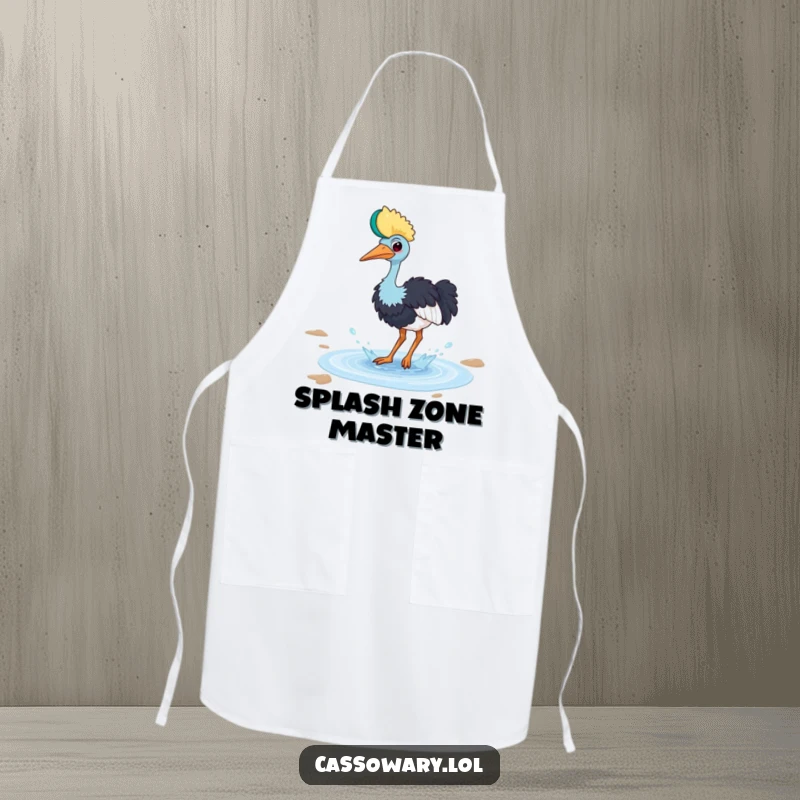 Funny cassowary apron with a bird playfully splashing in a small puddle with a happy splash, perfect for playful cooks.