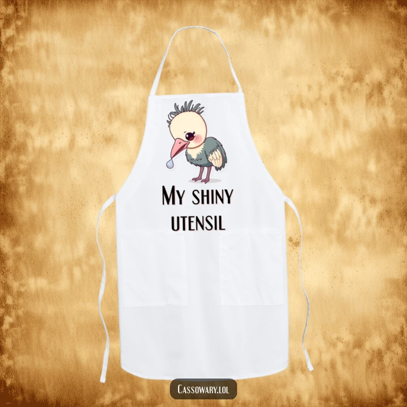 Funny Cassowary Treasure Apron: A humorous apron with a cassowary gently nudging a small, shiny object, symbolizing kitchen discoveries.