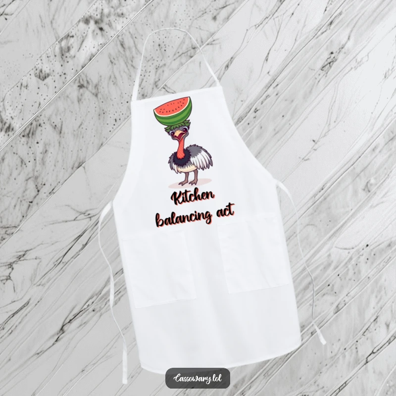 Funny apron featuring a cassowary comically balancing a watermelon on its head, ideal for kitchen fun and messy cooks.