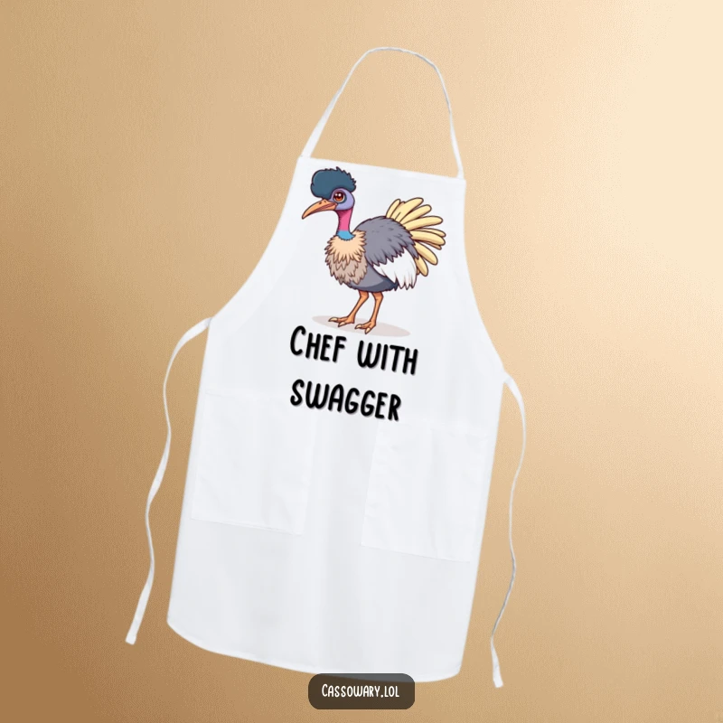 Funny apron featuring a cassowary winking confidently while strutting, perfect for adding bold humor to cooking and baking.