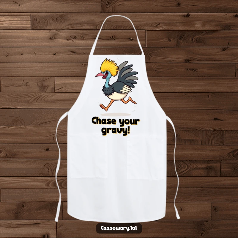 Funny cassowary apron showing a determined bird running energetically, ready to tackle any culinary challenge with humor.
