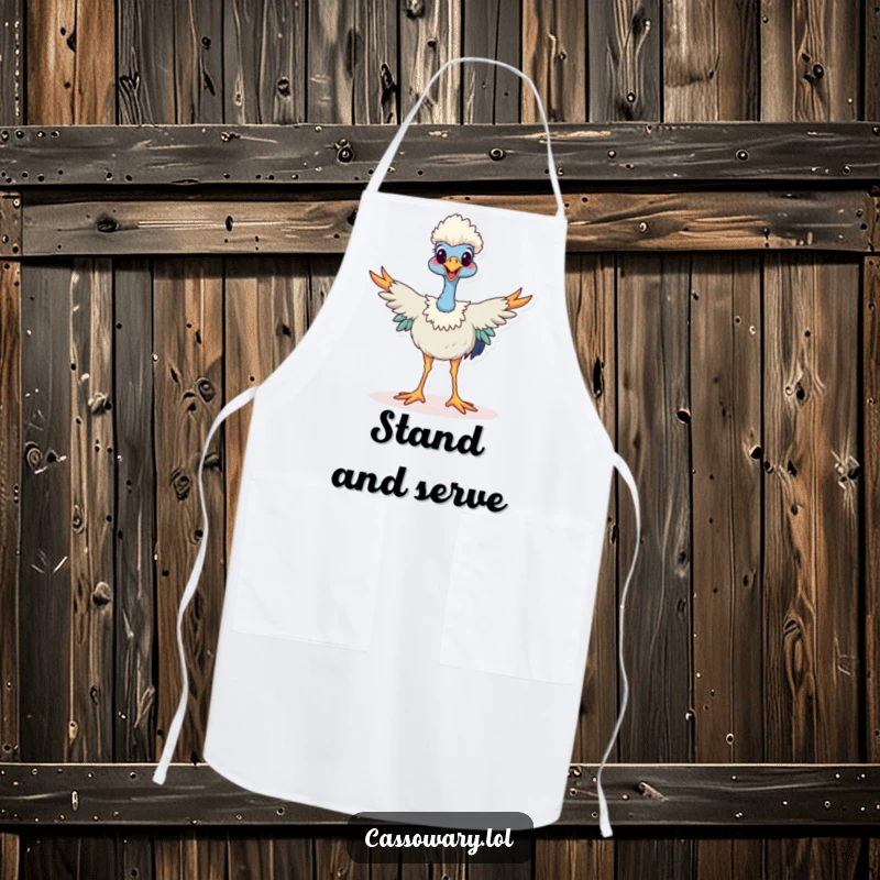 Funny cassowary apron, a happy cassowary stands with legs spread wide, perfect for kitchen protection and quirky chef style.