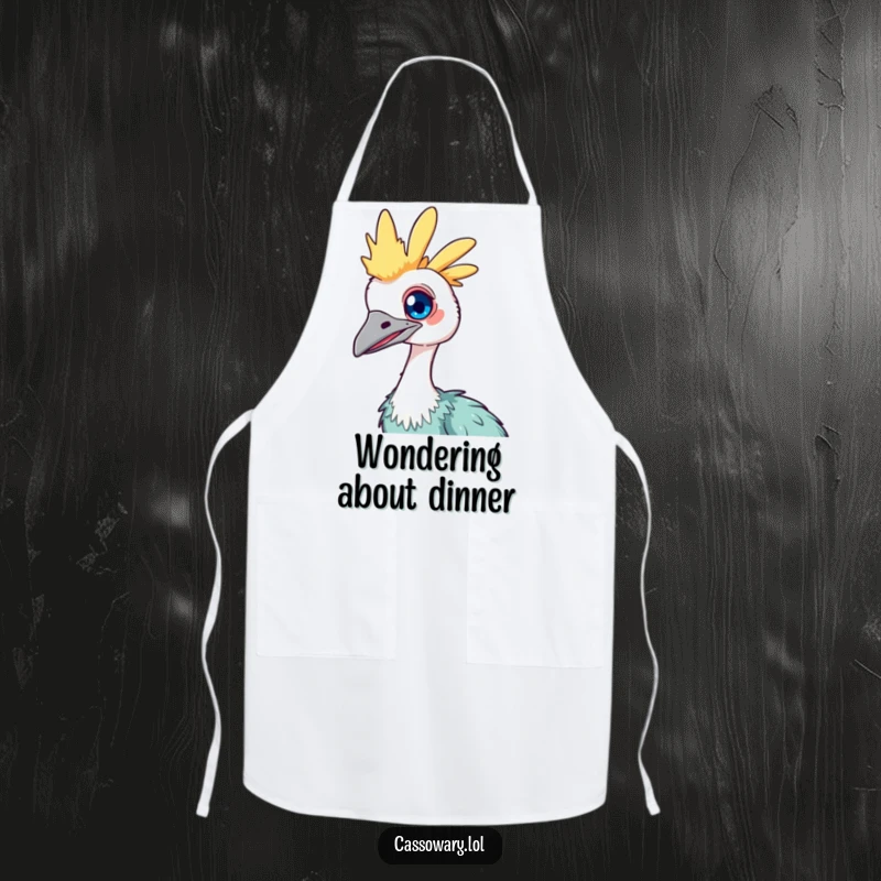 Funny Kawaii Cassowary Apron: Cute bird graphic with a bright eye, tilting its head curiously, ideal for cooking.