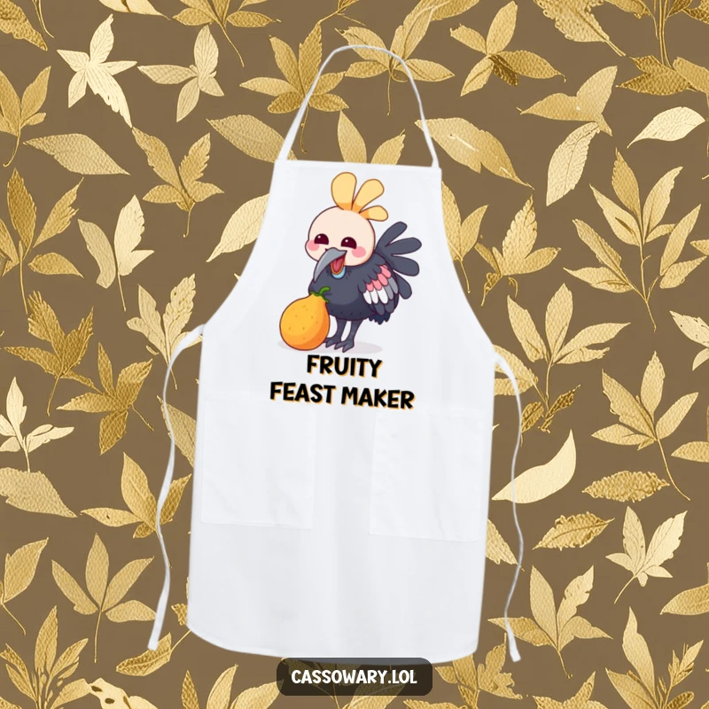 Funny apron with a kawaii cassowary joyfully pecking at a colorful fruit, adding cheer and protection during kitchen activities.