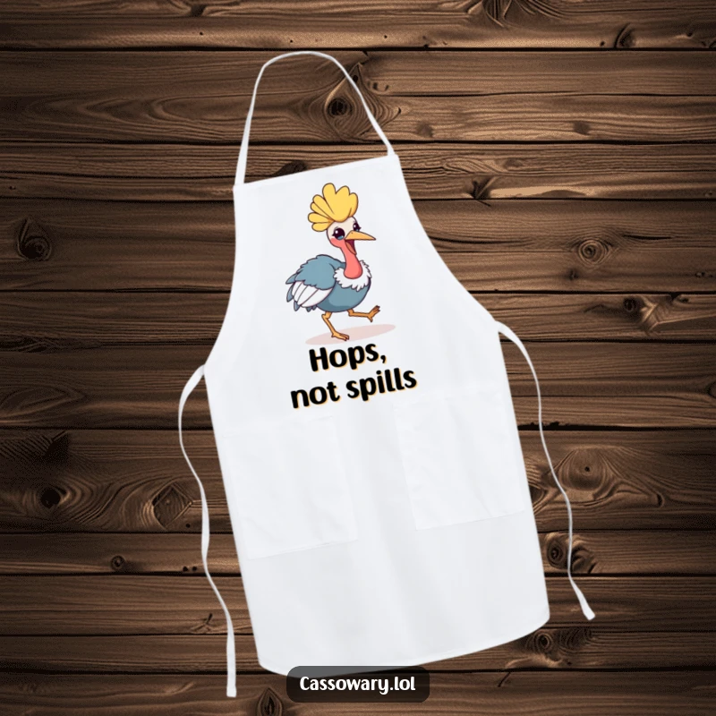 Funny kawaii cassowary apron showing a cheerful bird hopping, perfect for adding humor to kitchen tasks and protecting clothes.