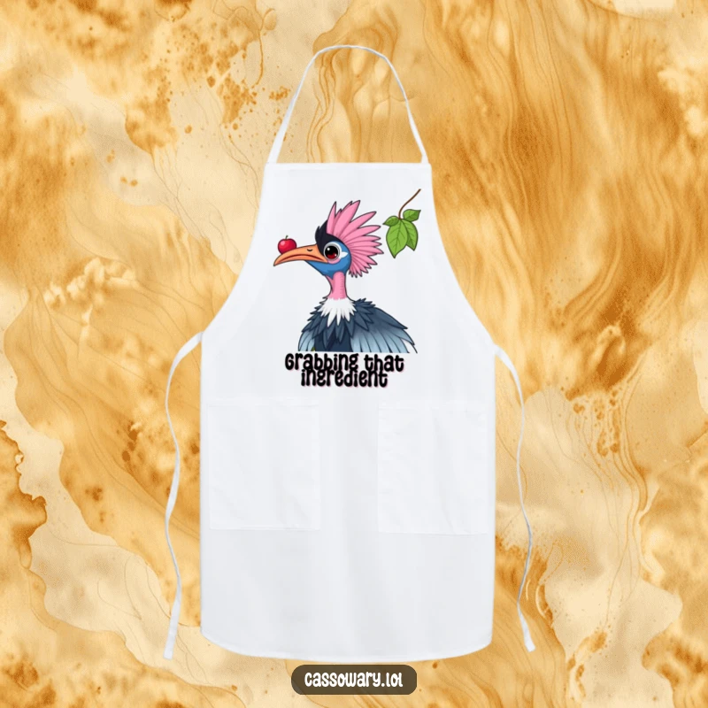 Funny cassowary apron depicting a bird reaching for a high berry, adding a humorous and practical touch to kitchen wear.