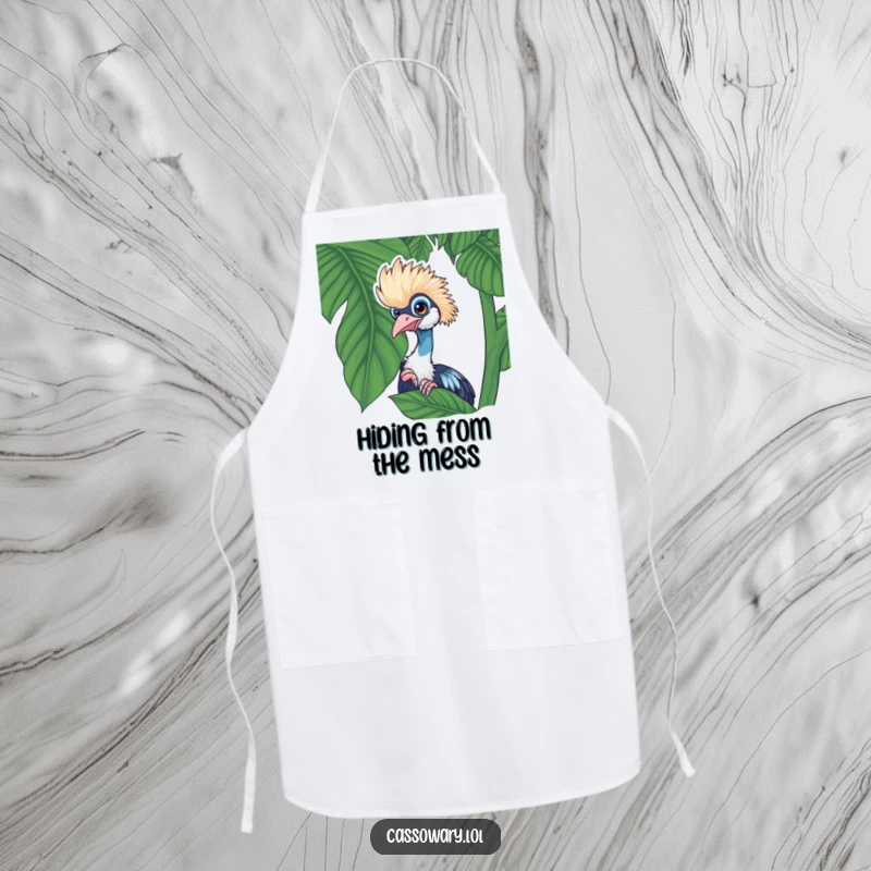 Funny cassowary apron with a playful cassowary peeking from behind a lush tropical leaf, great for kitchen fun.