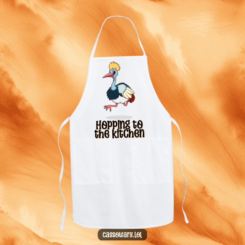 Funny cassowary apron with a cassowary doing a comical little hop with its large feet, great for kitchen fun.