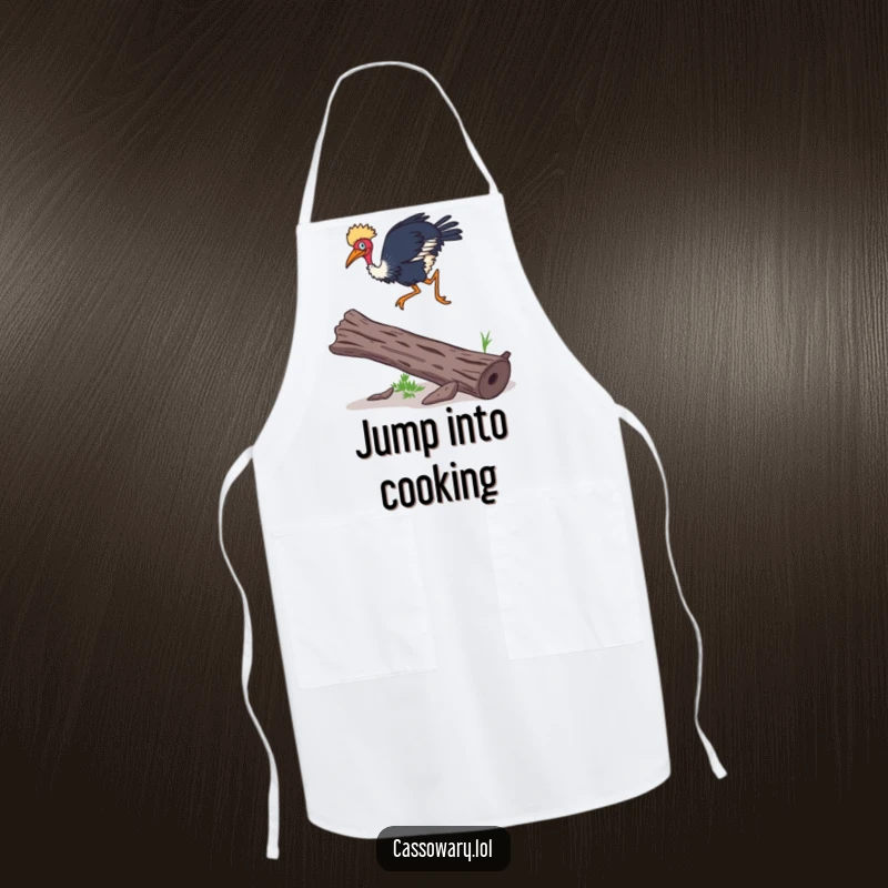 Funny Cassowary apron showing a cassowary leaping over a log with surprising agility, perfect for adding humor to kitchen activities.