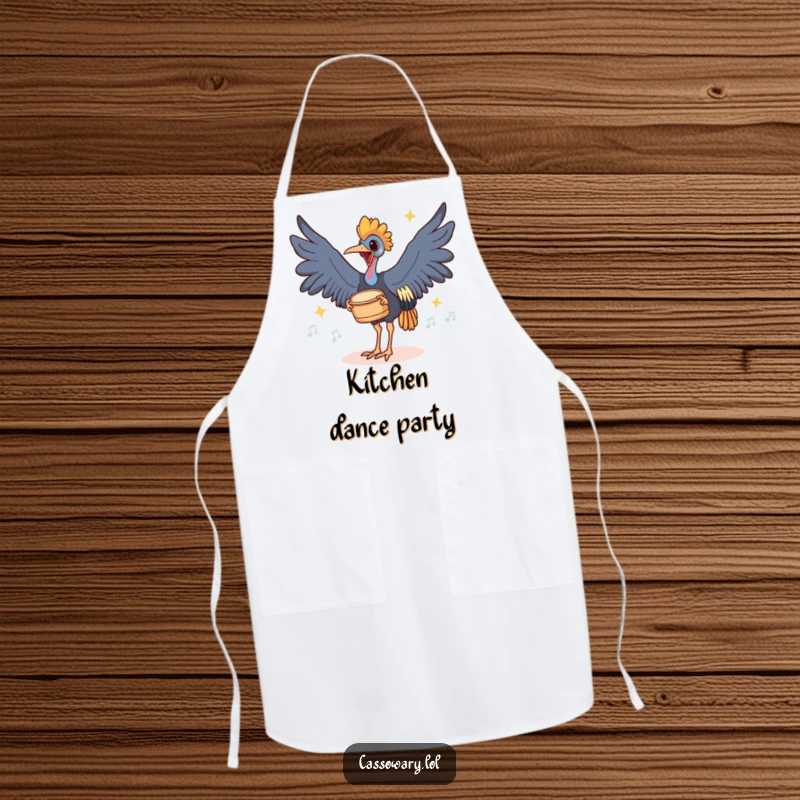 Funny apron featuring a cassowary joyfully drumming its feet on the ground with rhythmic thuds, bringing music to the kitchen.