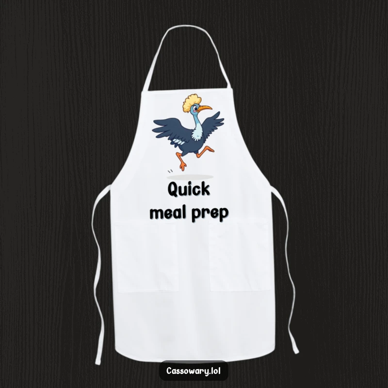 Funny Cassowary Apron: A cassowary in a quick dash with powerful legs, showing speed. Great for dynamic kitchen style. Great gift.