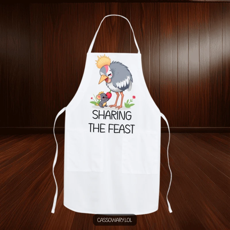Funny cassowary apron with a cassowary sharing a juicy berry with a small jungle creature, great for kitchen fun.