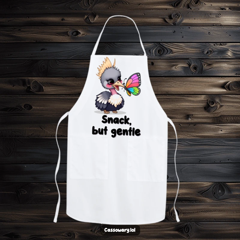 Funny apron showing a cassowary playfully nudging a colorful butterfly with its beak, ideal for adding humor to cooking.