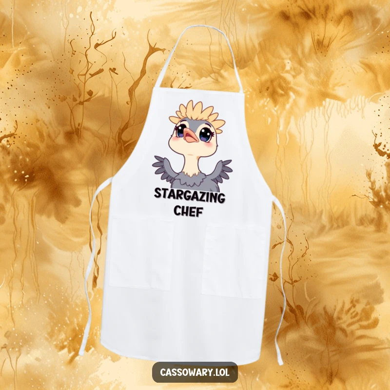 Funny apron with a kawaii cassowary, wide eyes looking up at the sky, adding inspiration and humor to kitchen tasks.