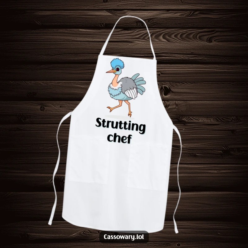 Funny apron with a kawaii cassowary strutting proudly, chest puffed out, bringing confidence and humor to any cooking endeavor.