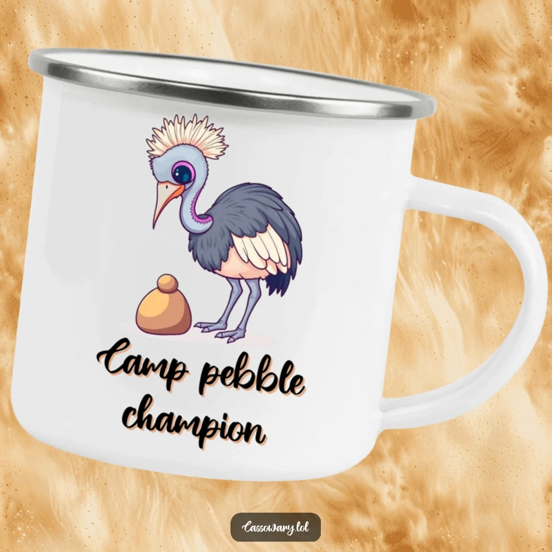 Funny Cassowary Pebble Balance Camping Mug: A cassowary balancing a pebble, ready for the outdoors. Funny gift.