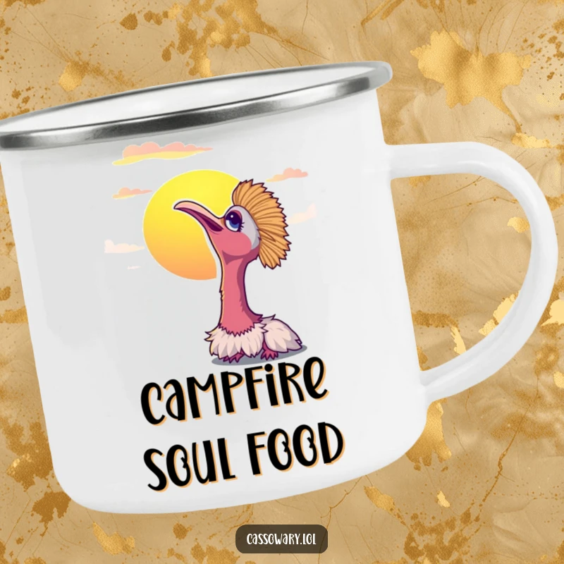 Funny cassowary camping mug showing a bird contentedly watching a vibrant sunset. Ideal for outdoor enjoyment.