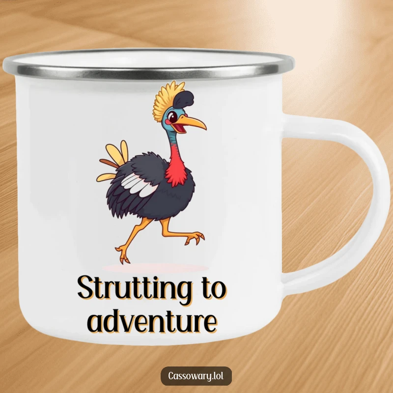 Funny Cassowary Camping Mug: A brightly-beaked bird happily strutting with a comical, joyful gait, ideal for camping.