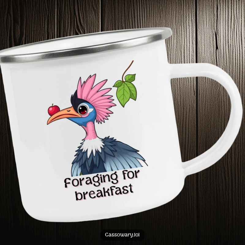 Funny cassowary camping mug illustrating a bird stretching to reach a berry, perfect for outdoor enthusiasts with ambition.