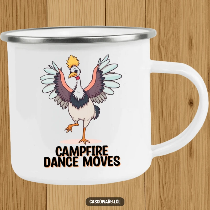 Funny cassowary camping mug showing a happy bird dancing with outstretched wings, perfect for outdoor use with a humorous design.