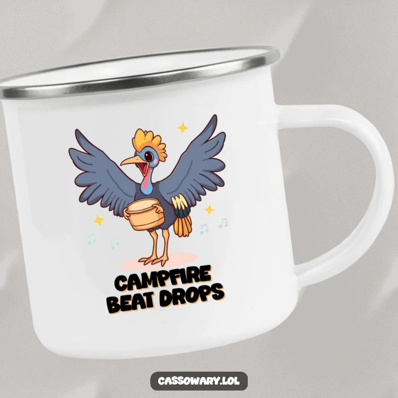 Funny camping mug showing a cassowary joyfully drumming its feet on the ground with rhythmic thuds, ideal for outdoor adventures.