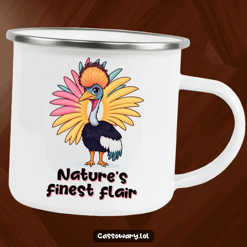 Funny cassowary camping mug with a proud bird displaying a large, colorful feather, great for outdoors.