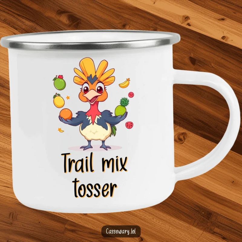 Funny cassowary camping mug showing a grinning bird juggling colorful fruits, perfect for outdoor use with a humorous and vibrant design.
