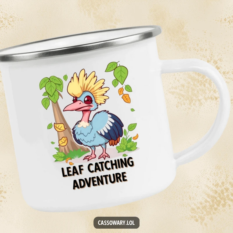 Funny camping mug featuring a cassowary making a silly face while trying to catch a falling leaf, ideal for warm drinks and outdoor fun.