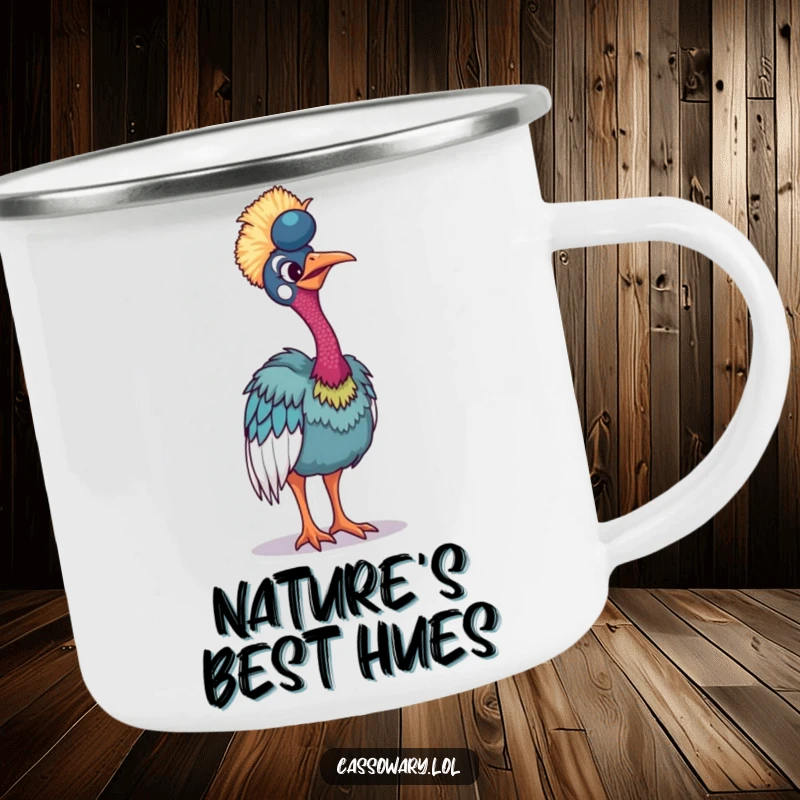 Funny cassowary camping mug showing a bird tilting to display vibrant plumage, perfect for adding humor outdoors.