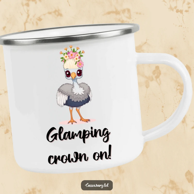Funny cassowary camping mug showing a bird wearing a floral crown and strutting, perfect for a humorous outdoor experience.