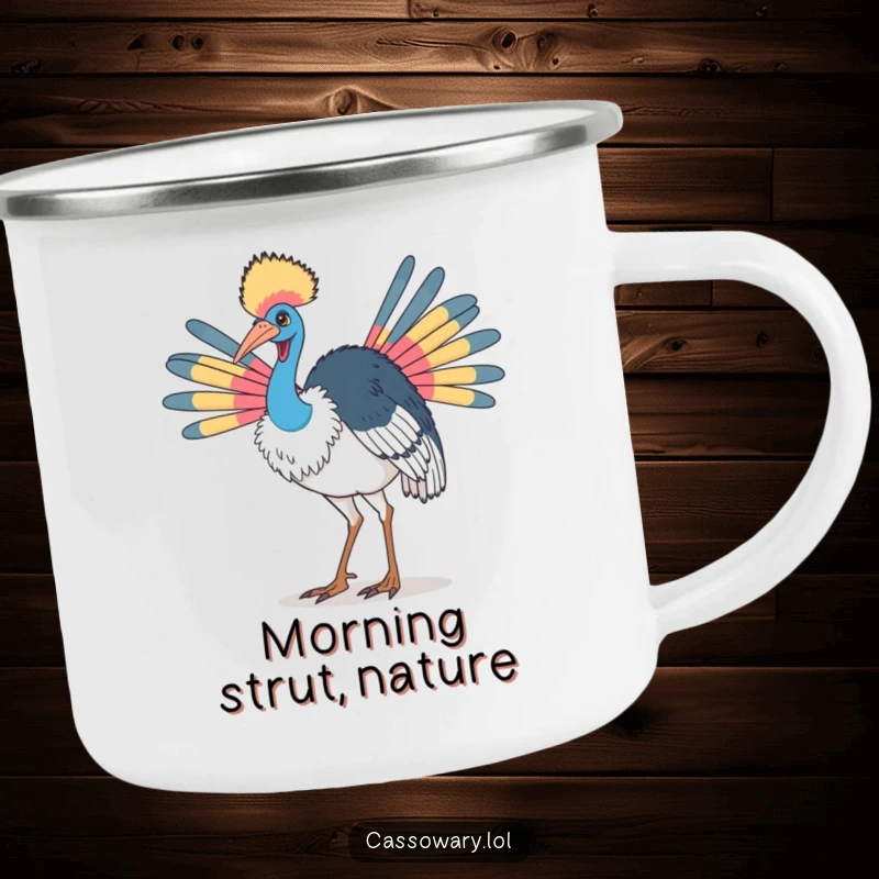 Funny cassowary camping mug with a bird doing a proud strut with its colorful neck feathers, perfect for confident outdoor sipping.