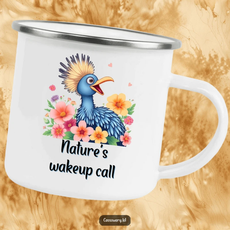 Funny camping mug showing a cassowary joyfully squawking amidst vibrant flowers, ideal for outdoor adventures.