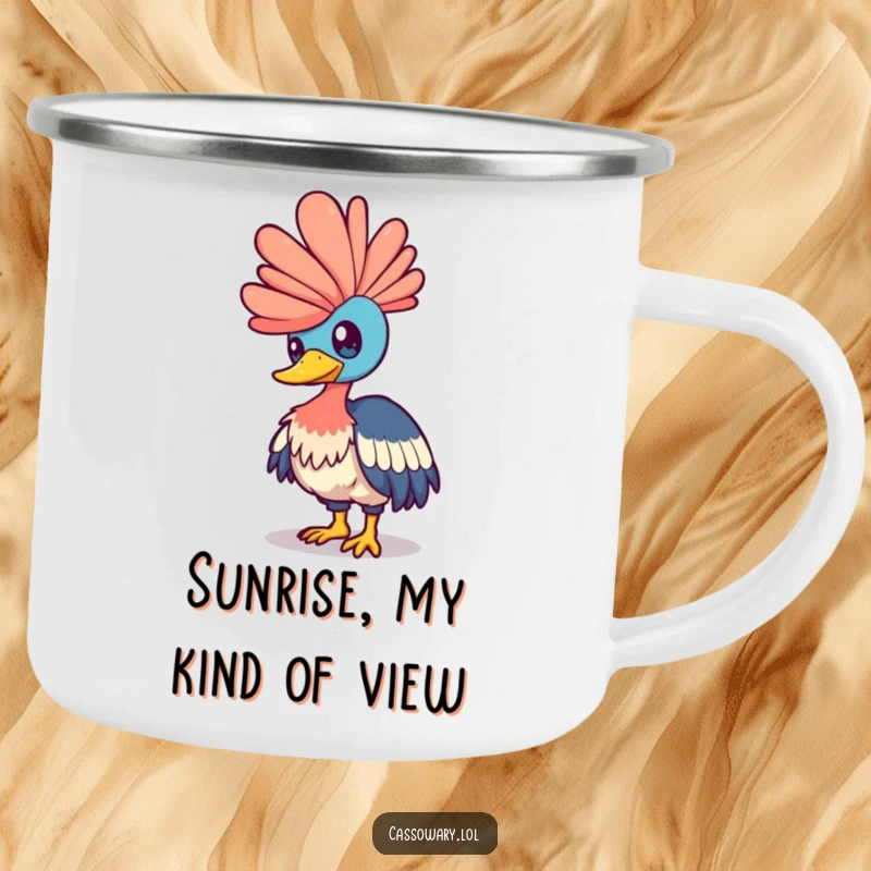 Funny cassowary camping mug with a bird playfully nudging a shimmering rainbow, perfect for enjoying drinks amidst nature.